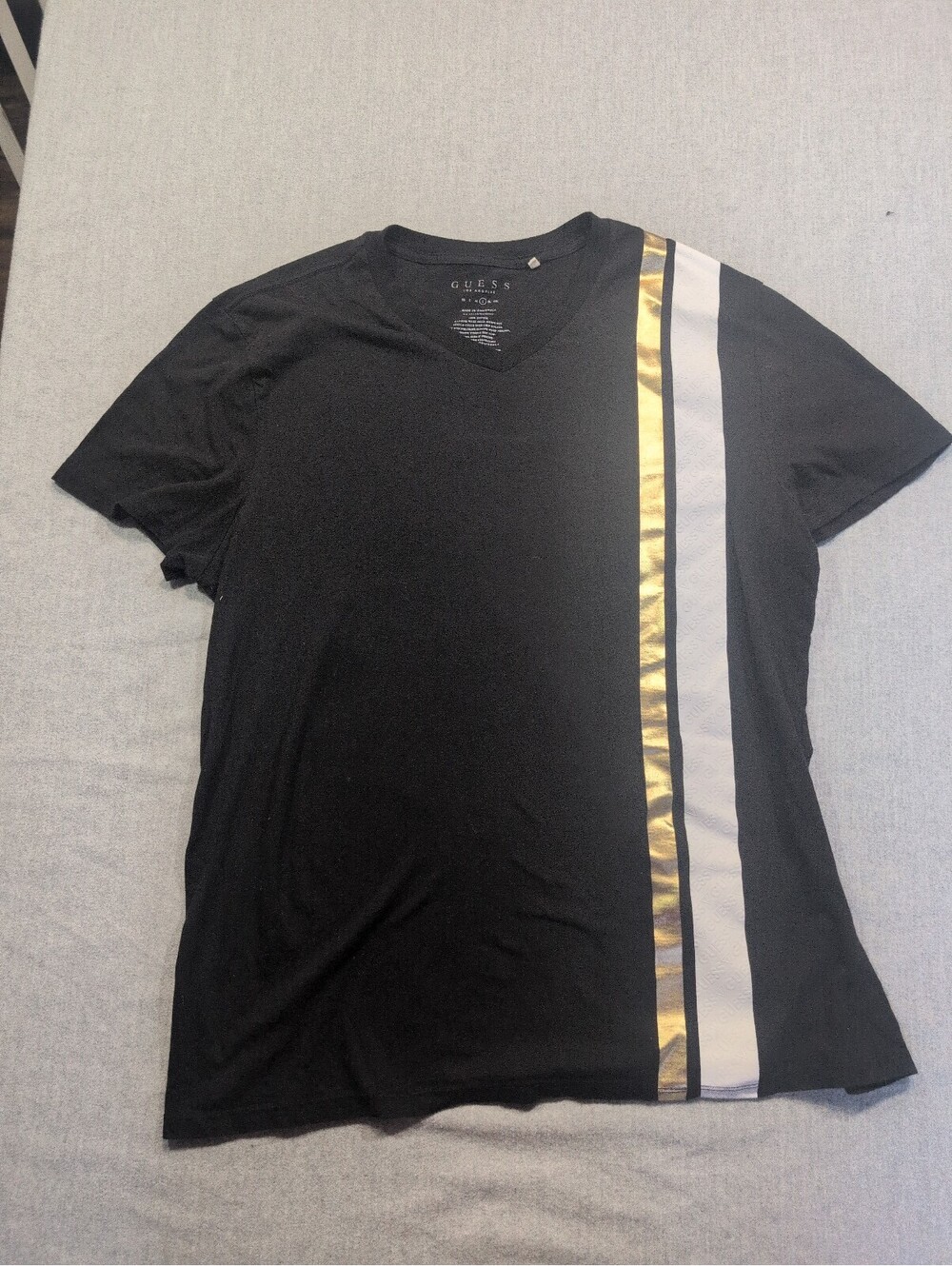 Guess black V-neck T-shirt with metallic side stripes